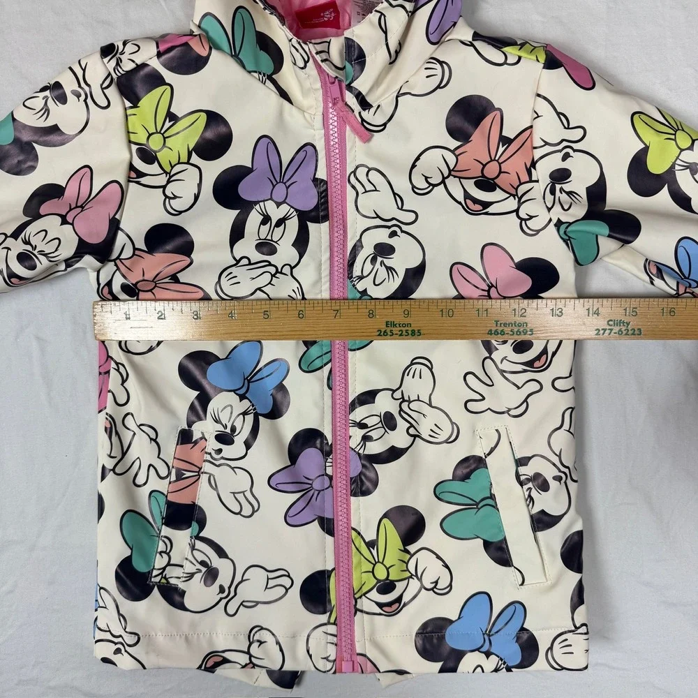Disney Minnie Mouse Girls Hooded Rain Jacket Windbreaker White Pink Size 5/6